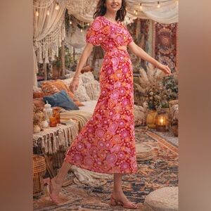 Sportsgirl Linen Blend Maxi Dress Size 14 Pink Orange Floral Puff Sleeve Sundres